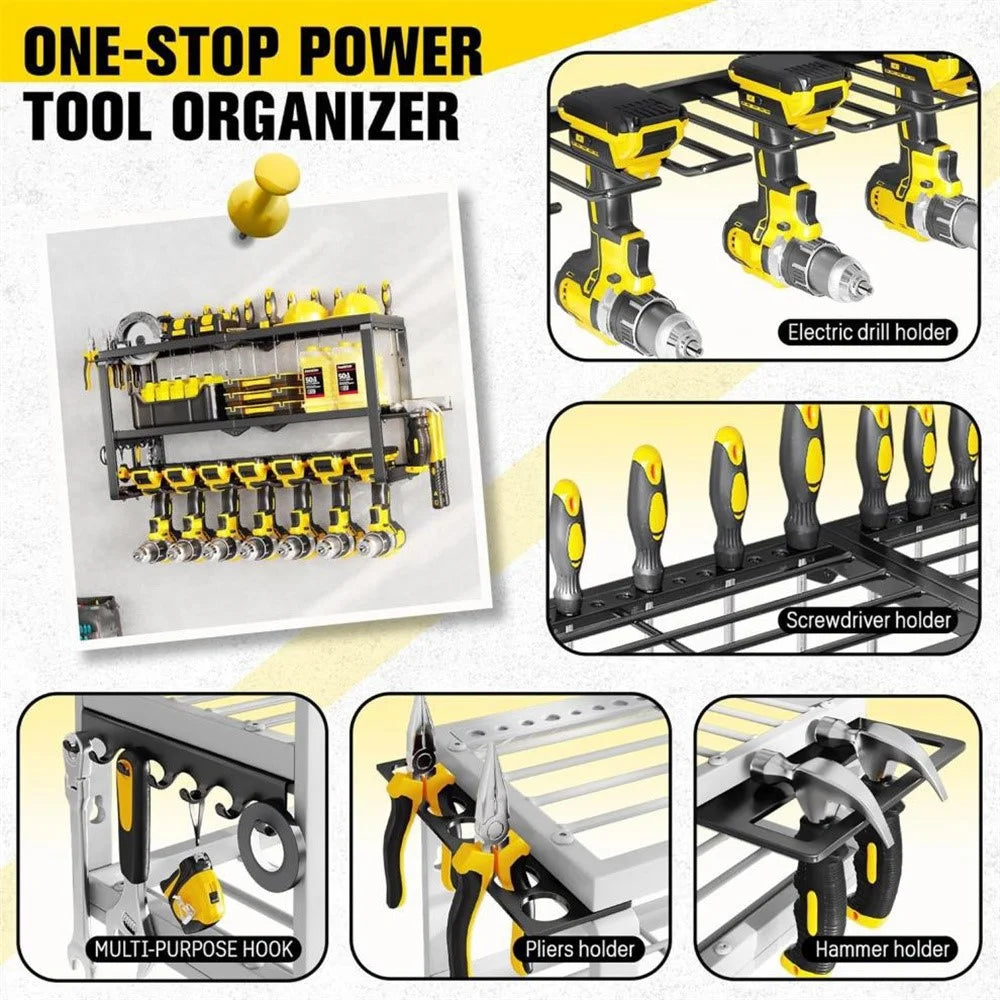 7 Drill Holder 3-Tier Wall Mount Power Tool Storage Rack Garage Organizer for Workshop - Black - 3