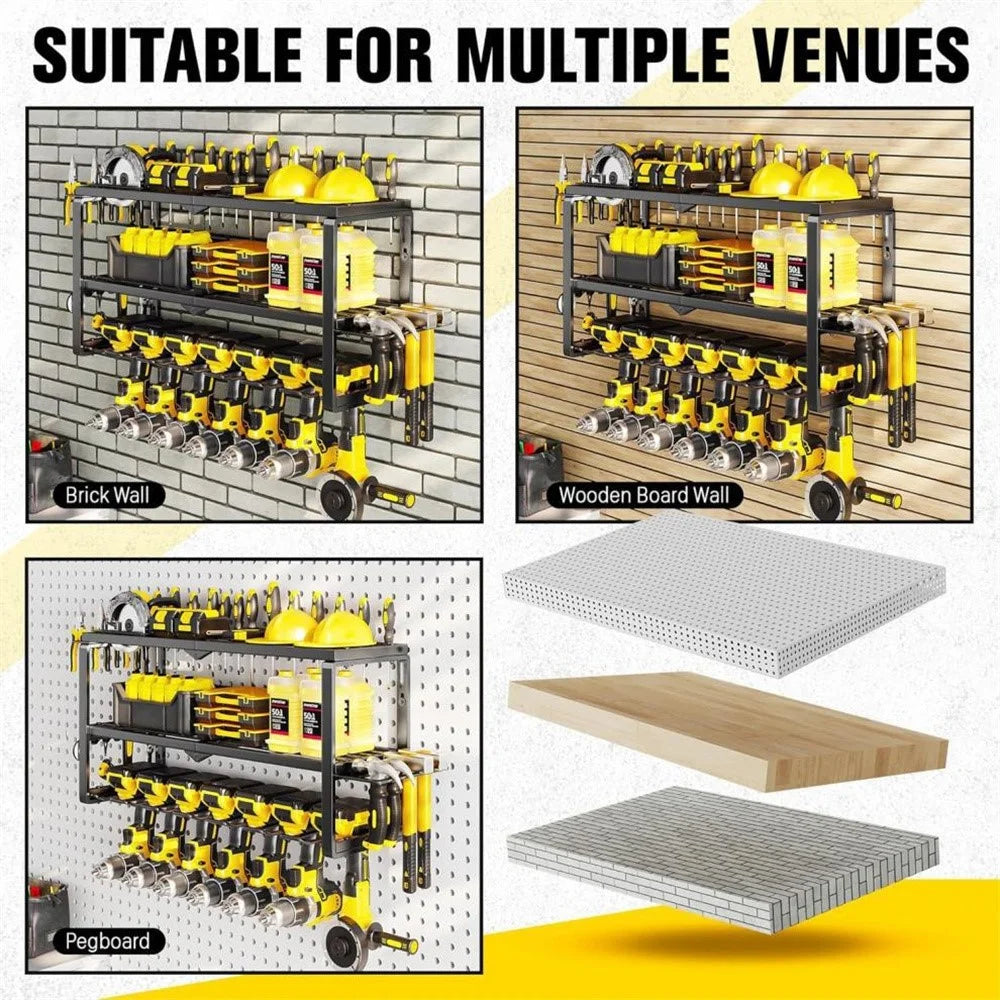 7 Drill Holder 3-Tier Wall Mount Power Tool Storage Rack Garage Organizer for Workshop - Black - 5