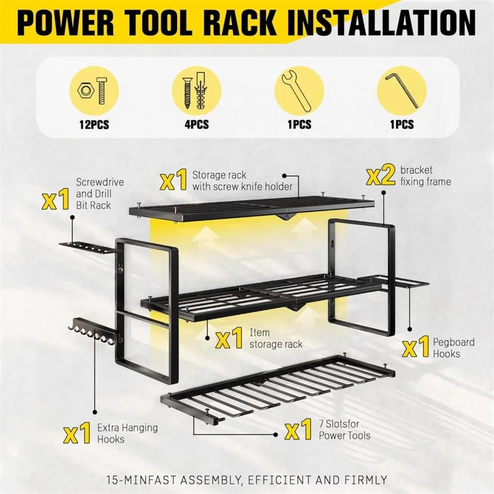 7 Drill Holder 3-Tier Wall Mount Power Tool Storage Rack Garage Organizer for Workshop - Black - 6