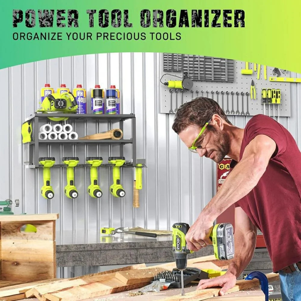 4 Drill Holder 3-Tier Wall Mount Power Tool Organizer 130LBS Heavy Duty Steel Rack for Garage Workshop - Black - 5