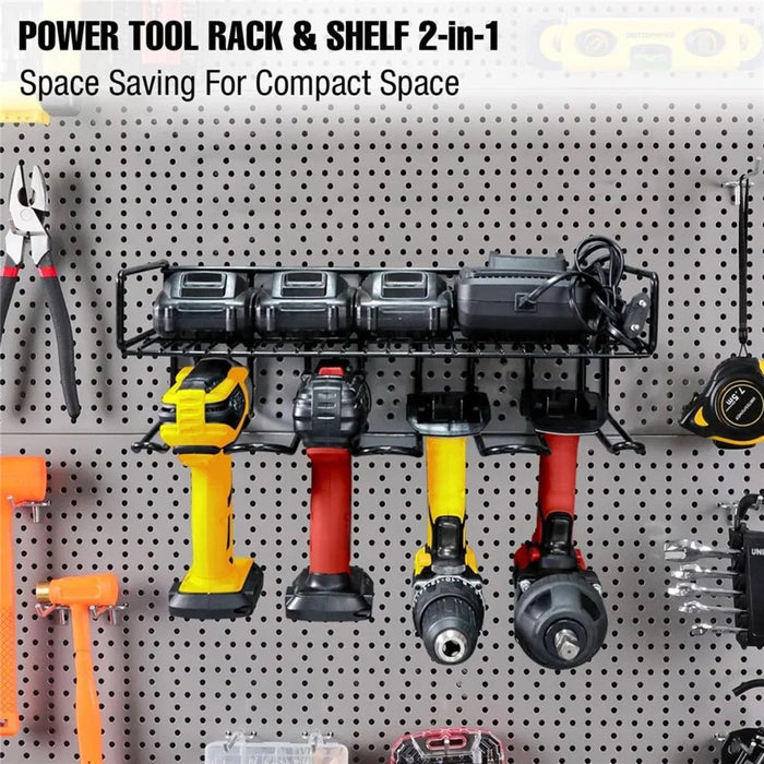 4 Drill Holder Wall Mount Tool Organizer with Shelf 100LBS Steel Rack for Garage Workshop - Black - 3