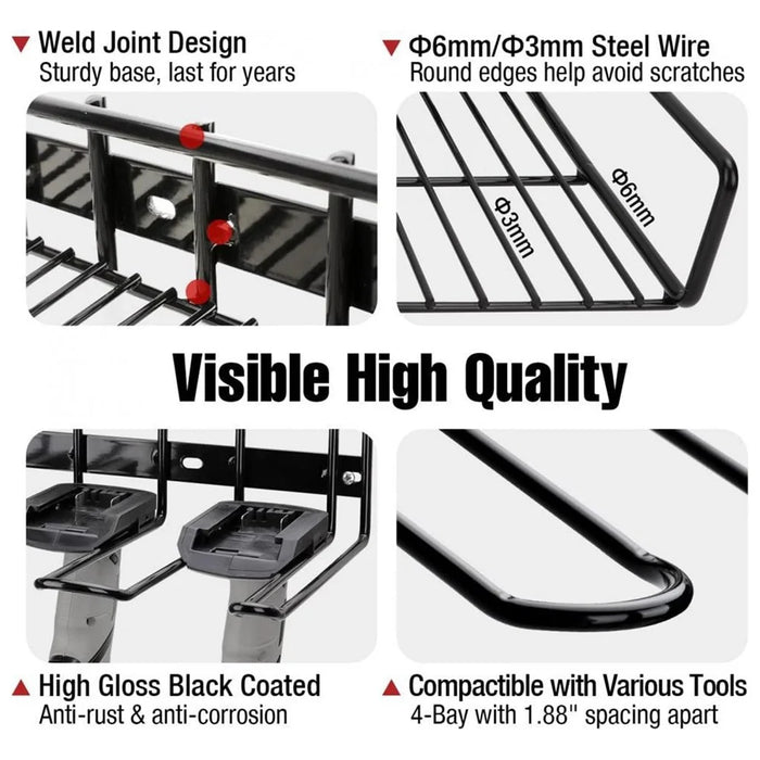 4 Drill Holder Wall Mount Tool Organizer with Shelf 100LBS Steel Rack for Garage Workshop - Black - 4