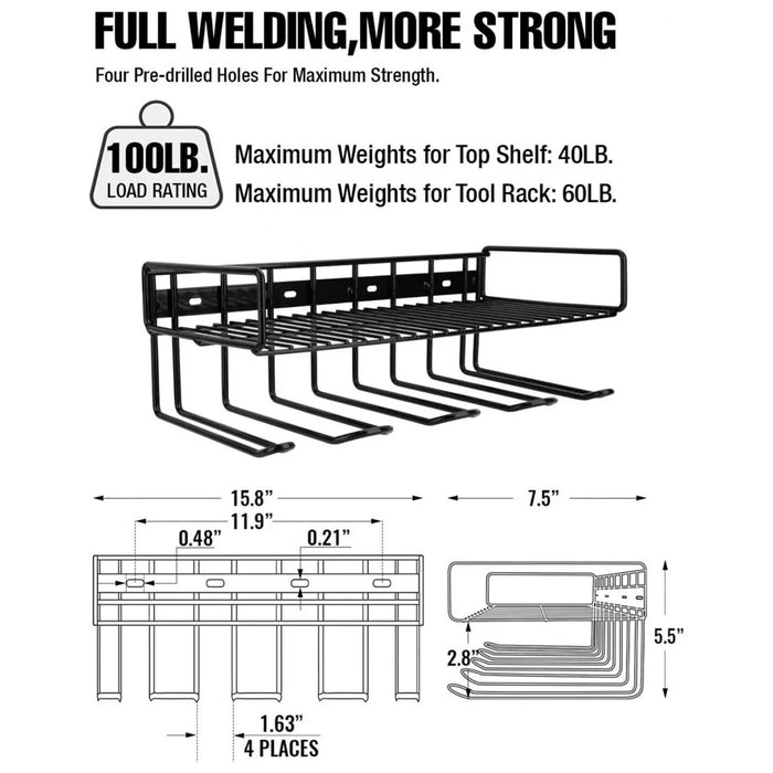 4 Drill Holder Wall Mount Tool Organizer with Shelf 100LBS Steel Rack for Garage Workshop - Black - 5
