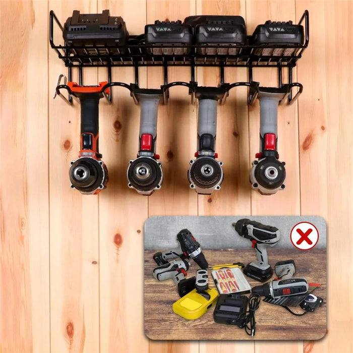 4 Drill Holder Wall Mount Tool Organizer with Shelf 100LBS Steel Rack for Garage Workshop - Black - 6