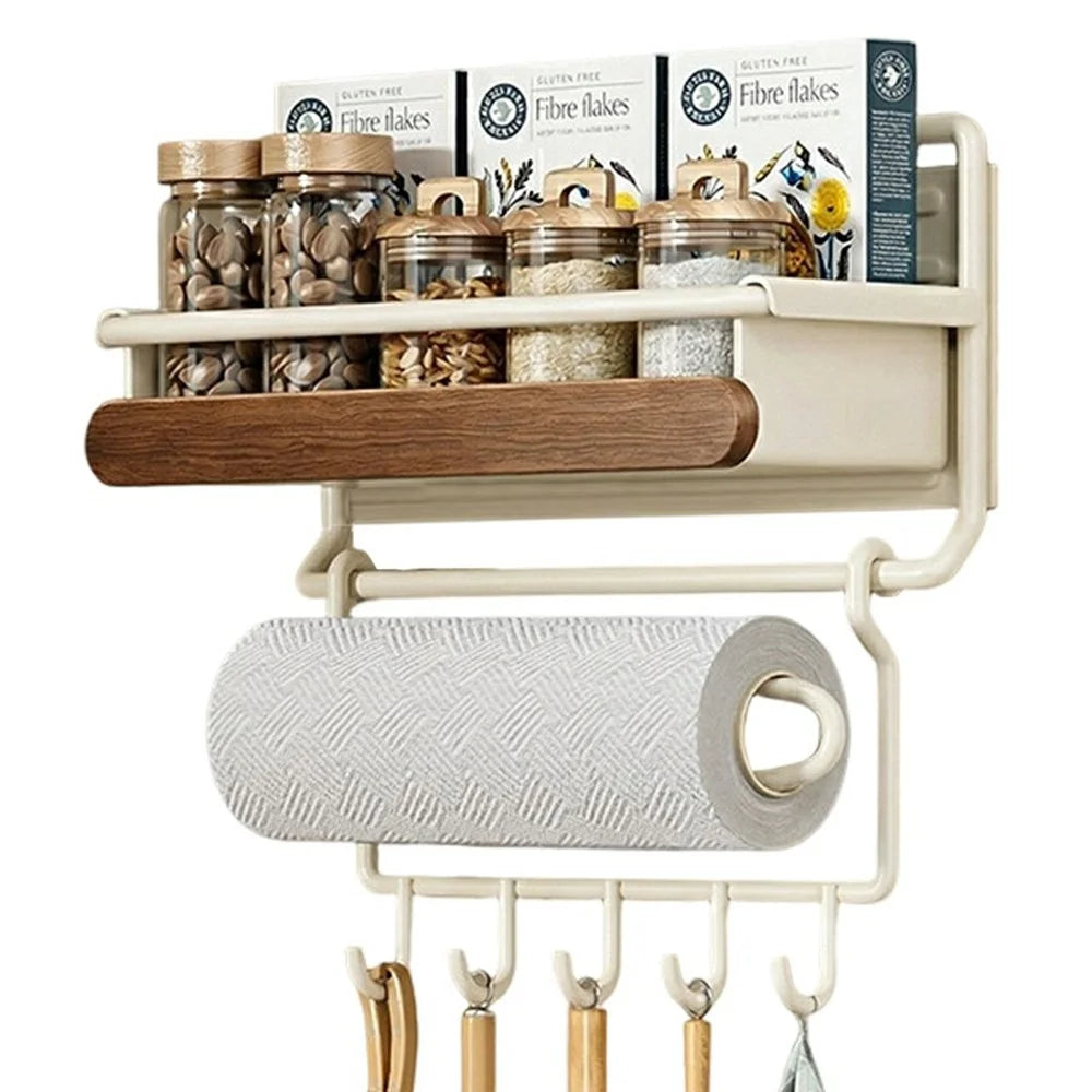 Single Layer Magnetic Refrigerator Storage Rack Solid Wood No Drill Kitchen Paper Towel Holder with Hooks - White - 1