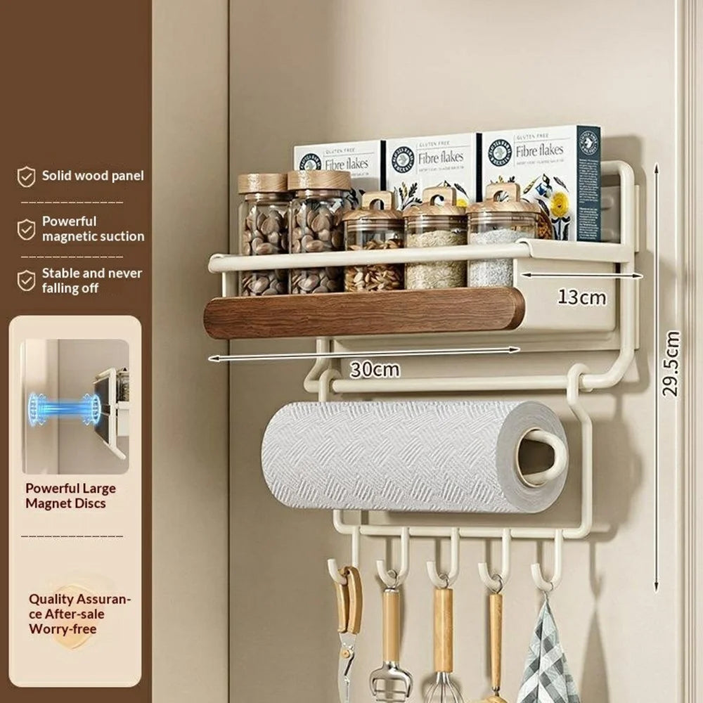 Single Layer Magnetic Refrigerator Storage Rack Solid Wood No Drill Kitchen Paper Towel Holder with Hooks - White - 5