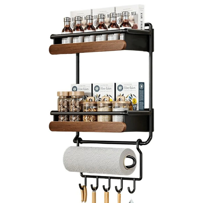 Dual Layer Magnetic Refrigerator Storage Rack Solid Wood No Drill Kitchen Paper Towel Holder with Hooks - Black - 1