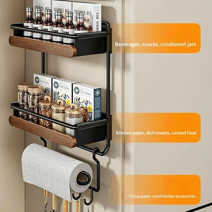 Dual Layer Magnetic Refrigerator Storage Rack Solid Wood No Drill Kitchen Paper Towel Holder with Hooks - Black - 2