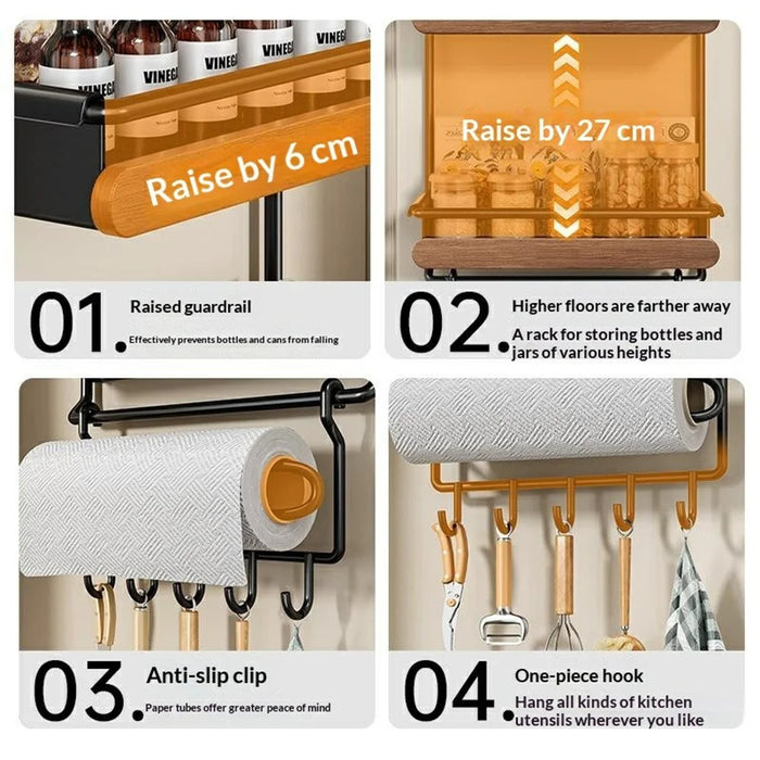 Dual Layer Magnetic Refrigerator Storage Rack Solid Wood No Drill Kitchen Paper Towel Holder with Hooks - Black - 3