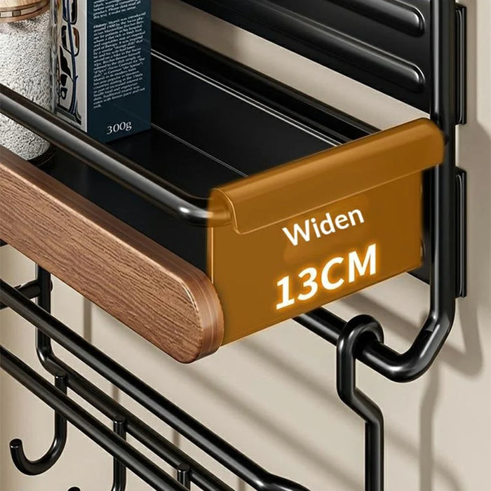 Dual Layer Magnetic Refrigerator Storage Rack Solid Wood No Drill Kitchen Paper Towel Holder with Hooks - Black - 5