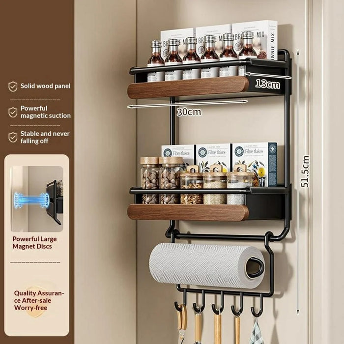 Dual Layer Magnetic Refrigerator Storage Rack Solid Wood No Drill Kitchen Paper Towel Holder with Hooks - Black - 7