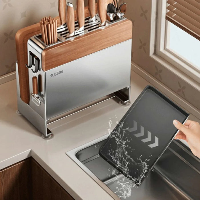 304 Stainless Steel Kitchen Knife Chopping Block Holder Utensil Organizer with Cutting Board Slot - Silver - 5
