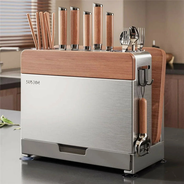 304 Stainless Steel Kitchen Knife Chopping Block Holder Utensil Organizer with Cutting Board Slot - Silver - 6
