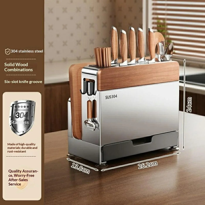 304 Stainless Steel Kitchen Knife Chopping Block Holder Utensil Organizer with Cutting Board Slot - Silver - 7