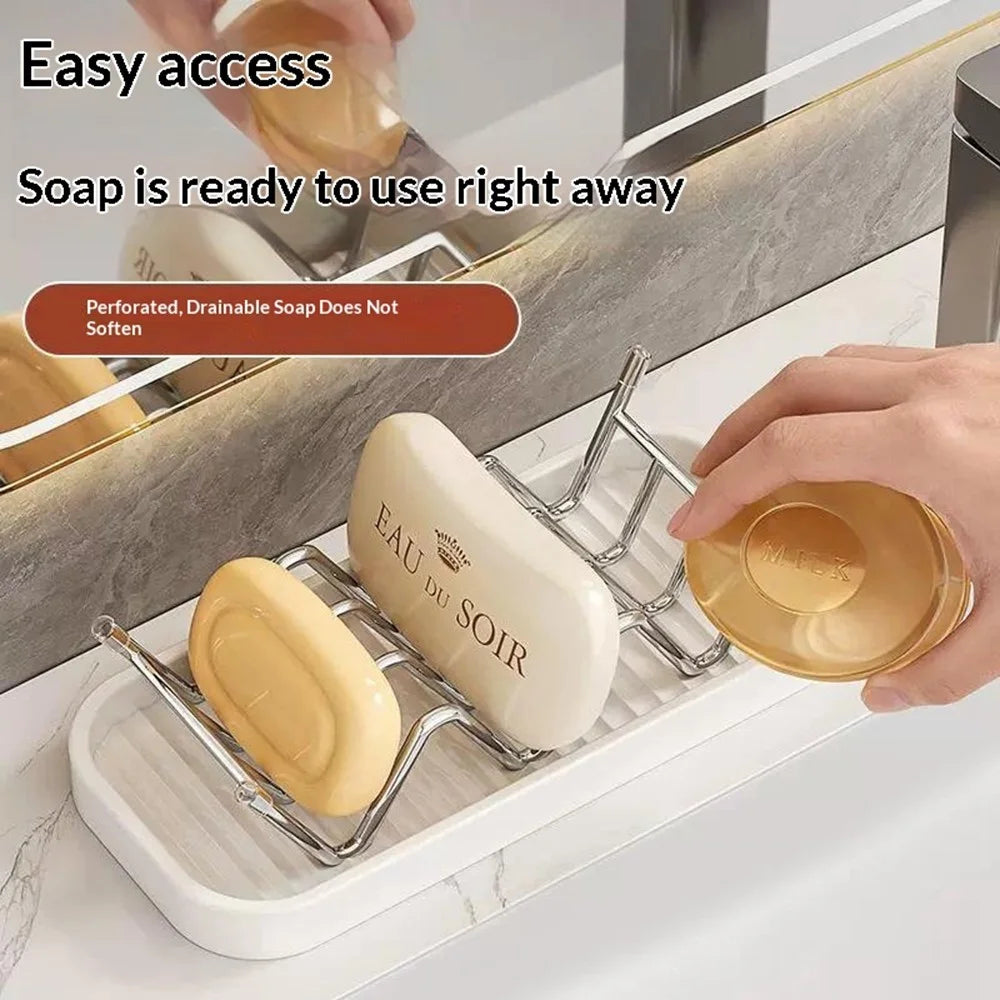 Vertical Type Soap Rack Stainless Steel Wavy Reversible Soap Drainer with Drip Tray for Bathroom Kitchen - White - 2