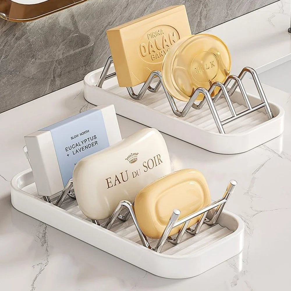 Vertical Type Soap Rack Stainless Steel Wavy Reversible Soap Drainer with Drip Tray for Bathroom Kitchen - White - 3