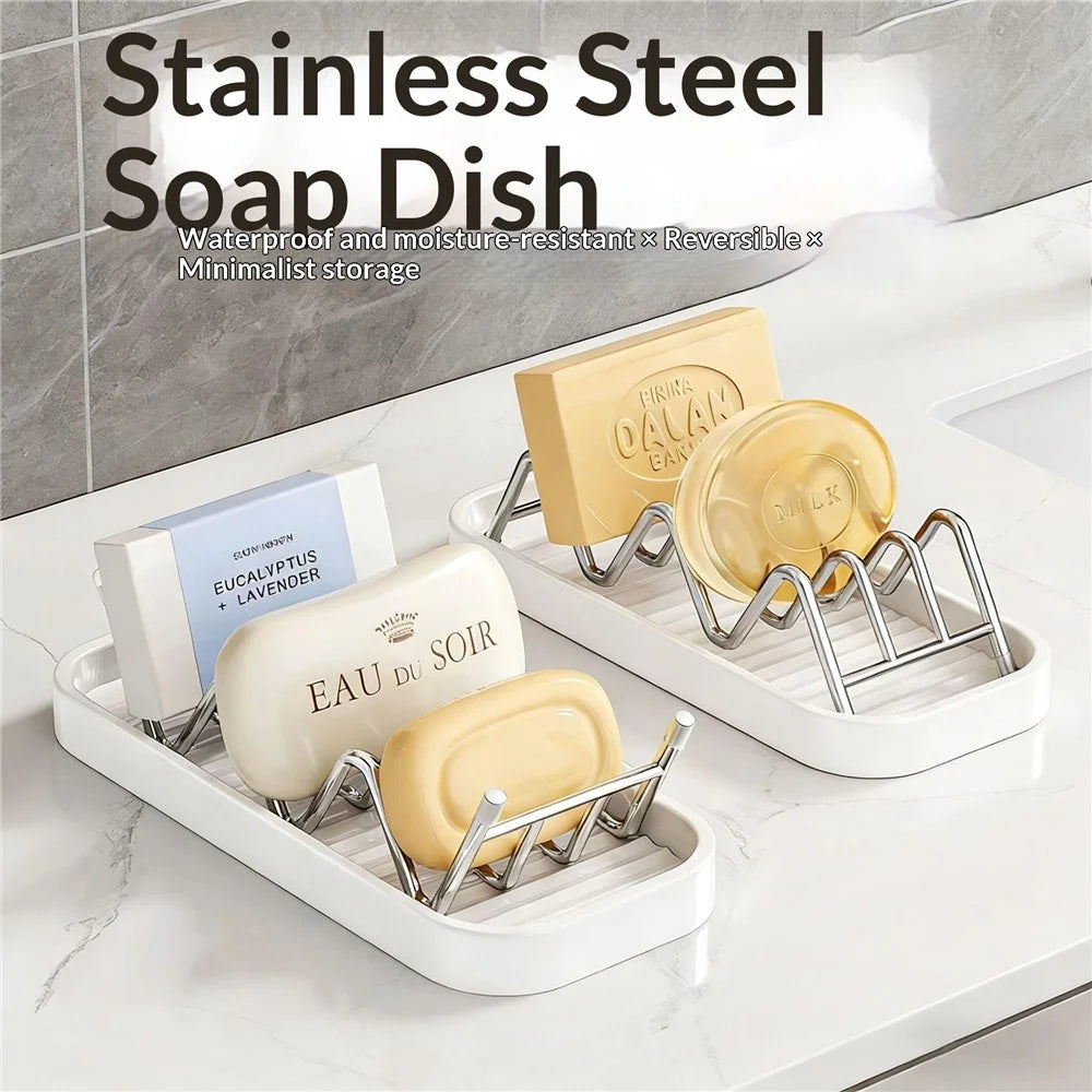 Vertical Type Soap Rack Stainless Steel Wavy Reversible Soap Drainer with Drip Tray for Bathroom Kitchen - White - 6