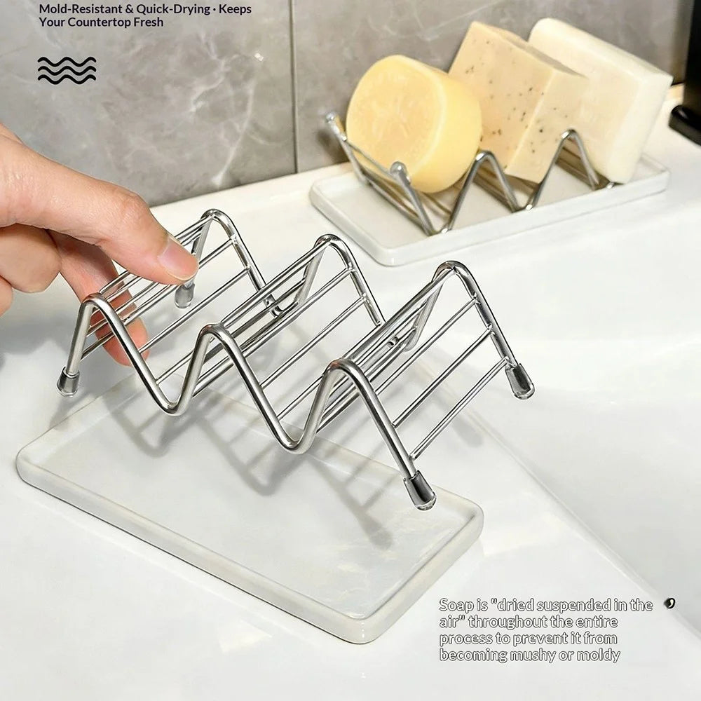 Horizontal Type Soap Rack Stainless Steel Reversible Wavy Soap Dish with Detachable Drip Tray - White - 3