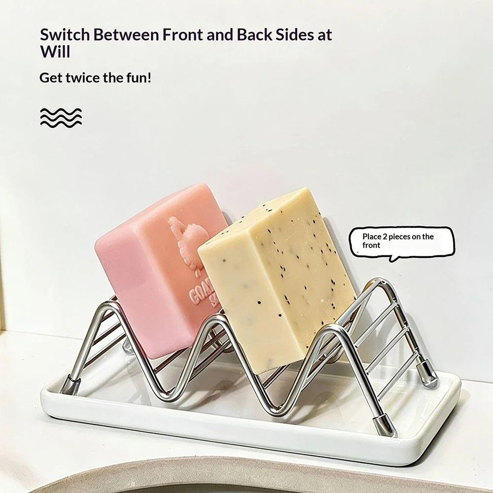 Horizontal Type Soap Rack Stainless Steel Reversible Wavy Soap Dish with Detachable Drip Tray - White - 4