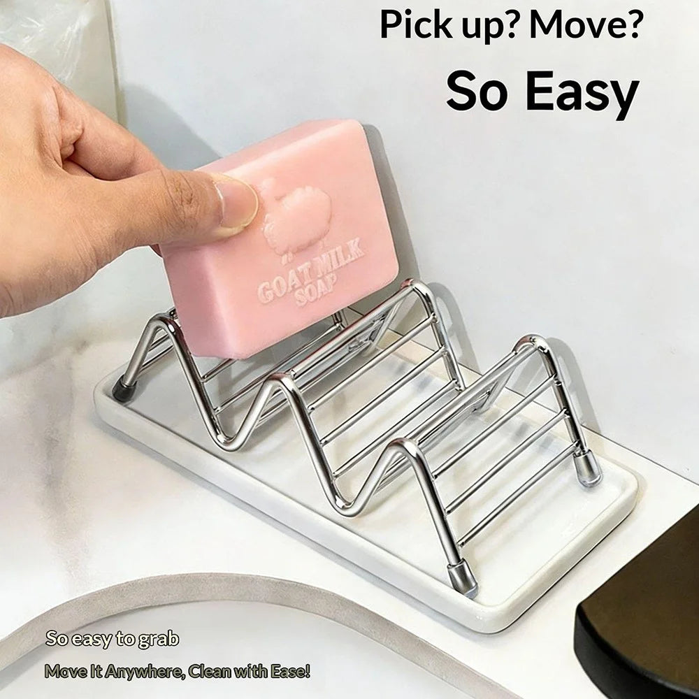 Horizontal Type Soap Rack Stainless Steel Reversible Wavy Soap Dish with Detachable Drip Tray - White - 7