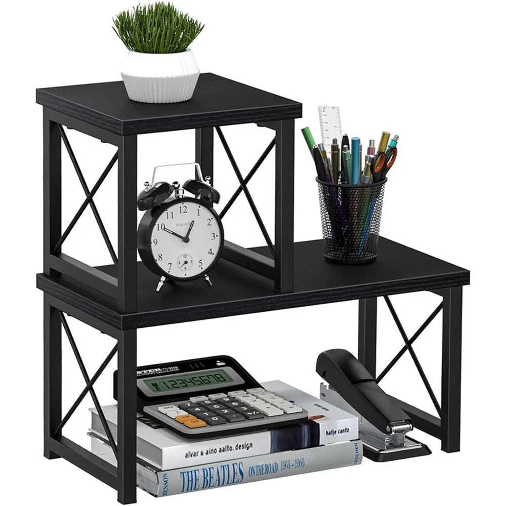 Transformable 2-Tier Desktop Shelf L-Shaped Spice Rack Kitchen Office Organizer Display Stand - Black - 1