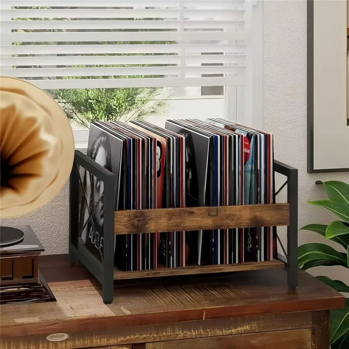 Vinyl Record Storage Rack Wooden Desktop Holder Stand for LP Books Magazines Office Files - 4