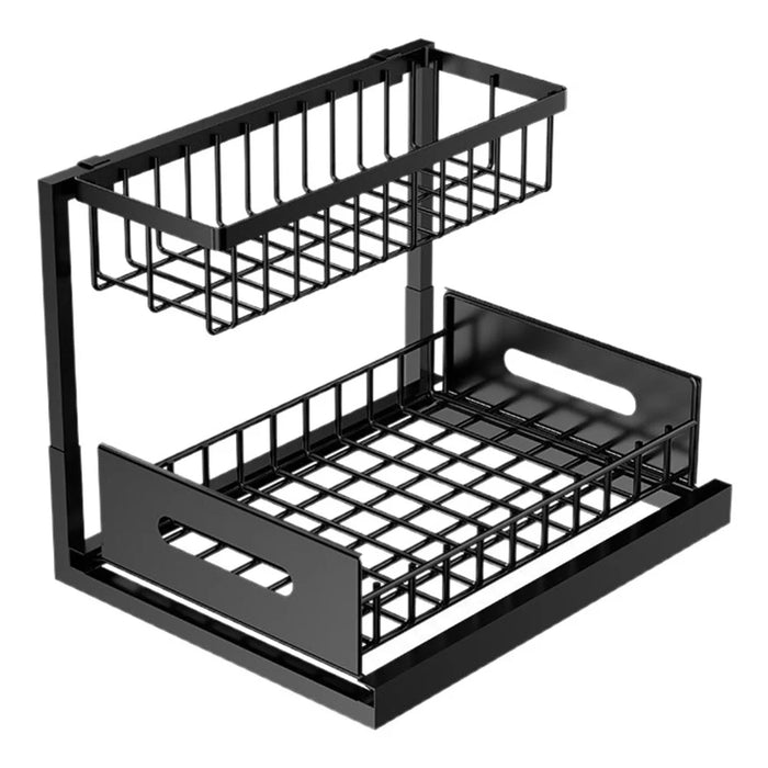 2-Tier Pull-Out Cabinet Organizer Rack Carbon Steel Kitchen Storage Shelf with Sliding Basket - Black - 1