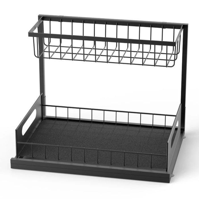 2-Tier Pull-Out Cabinet Organizer Rack Carbon Steel Kitchen Storage Shelf with Sliding Basket - Black - 2