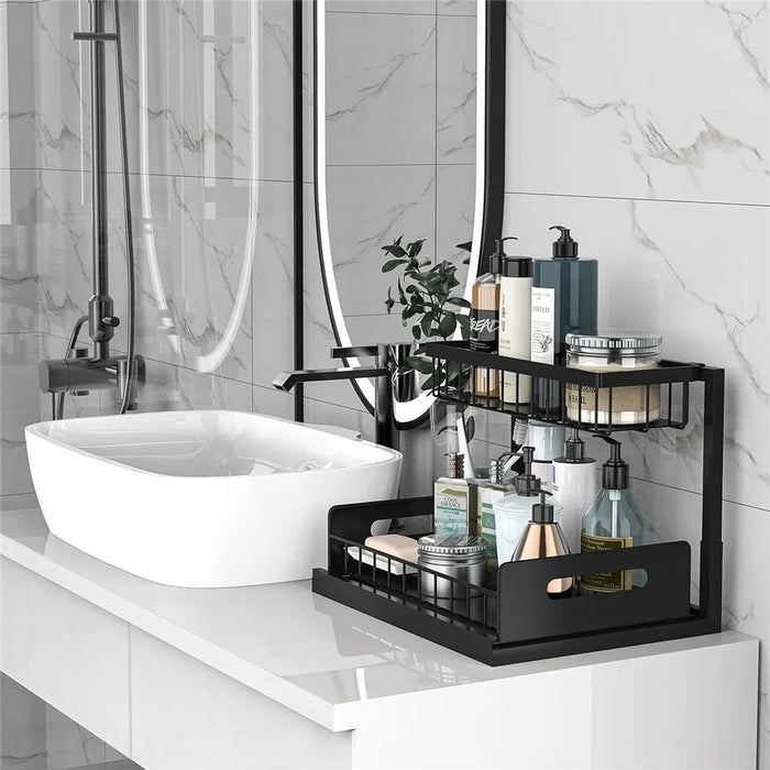 2-Tier Pull-Out Cabinet Organizer Rack Carbon Steel Kitchen Storage Shelf with Sliding Basket - Black - 5
