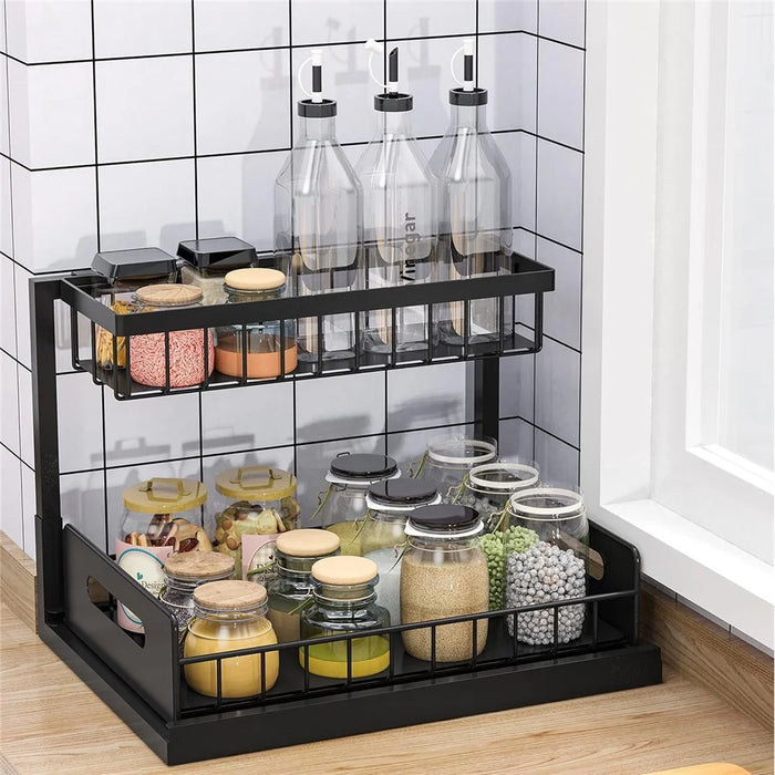 2-Tier Pull-Out Cabinet Organizer Rack Carbon Steel Kitchen Storage Shelf with Sliding Basket - Black - 6