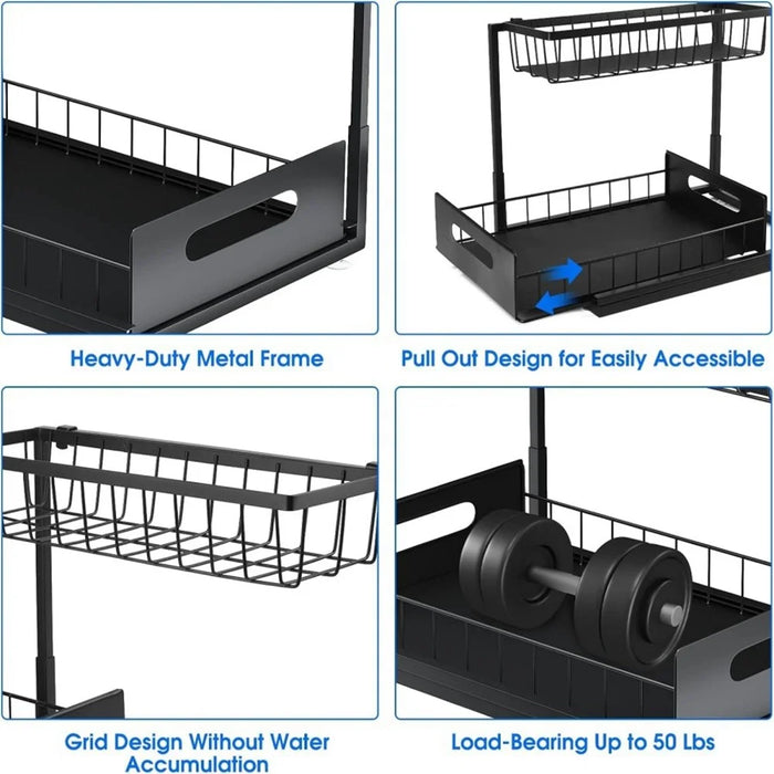 2-Tier Pull-Out Cabinet Organizer Rack Carbon Steel Kitchen Storage Shelf with Sliding Basket - Black - 7