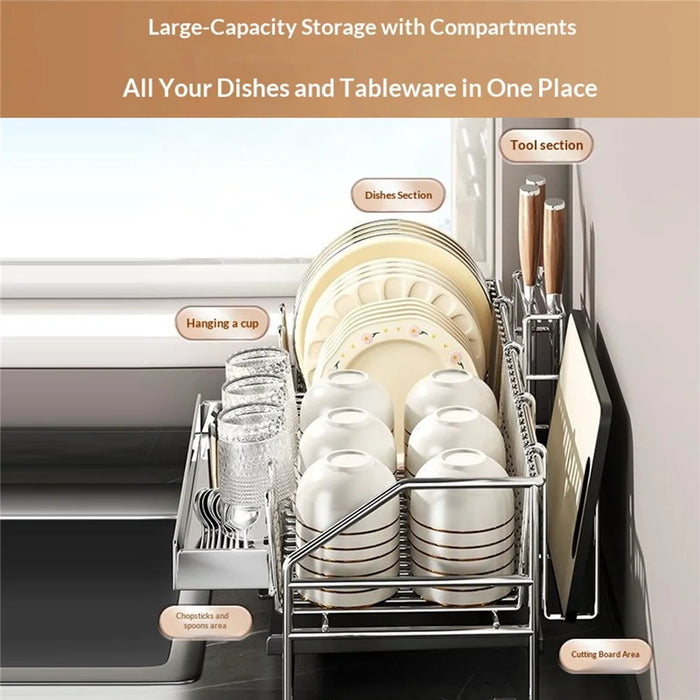 Stainless Steel Dish Drying Rack with Cup Holder Knife Stand Cutting Board Rack and Utensil Box - 5