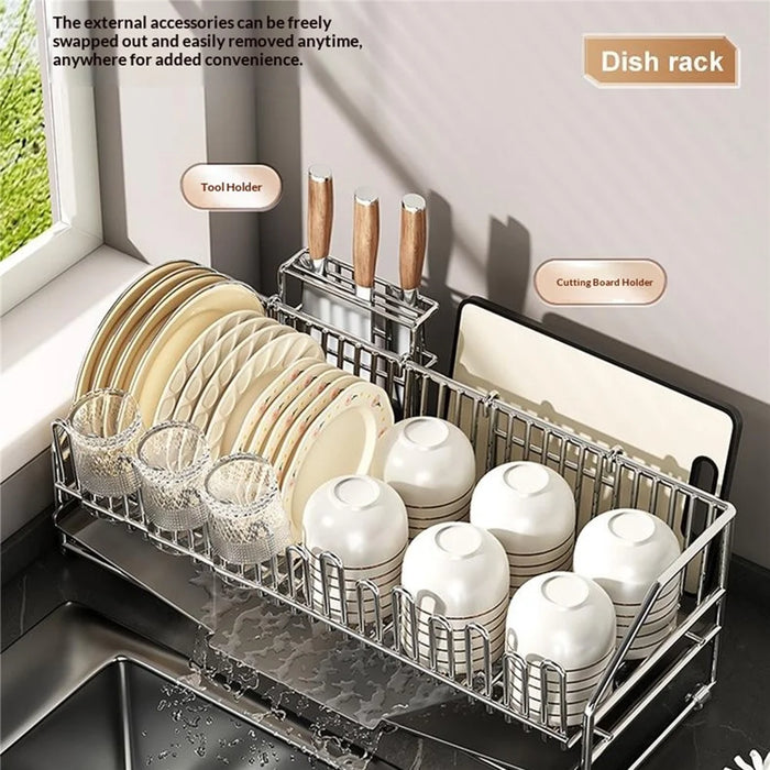 Stainless Steel Dish Drying Rack with Cup Holder Knife Stand Cutting Board Rack and Utensil Box - 6