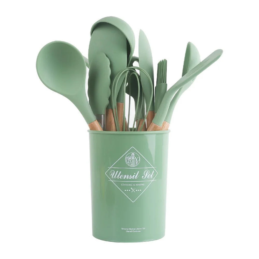 13Pcs / Set Kitchen Utensils Wooden Handle Silicone Spatula Ladle Egg Beater Kitchen Cooking Tools Kit (No FDA Certification, BPA Free) - Green - 1