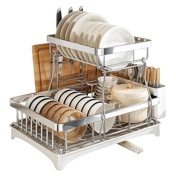 Double Layer Kitchen Dish Rack with Rotating Drainage Tray and Chopstick Holder - 1