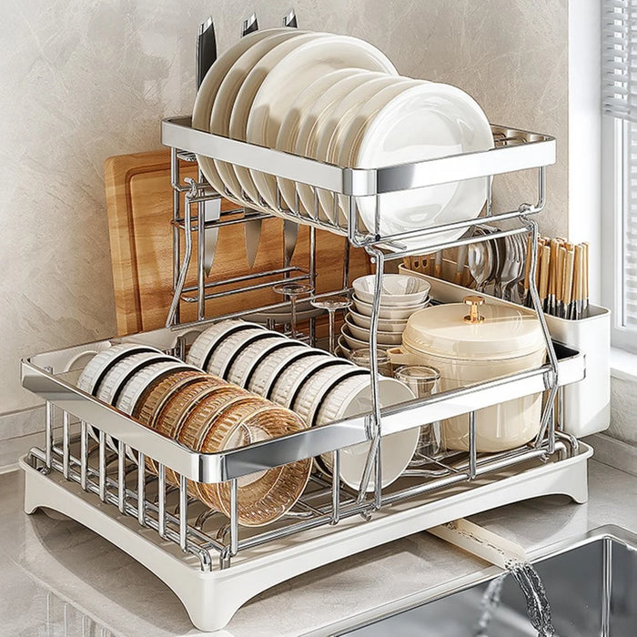 Double Layer Kitchen Dish Rack with Rotating Drainage Tray and Chopstick Holder - 3