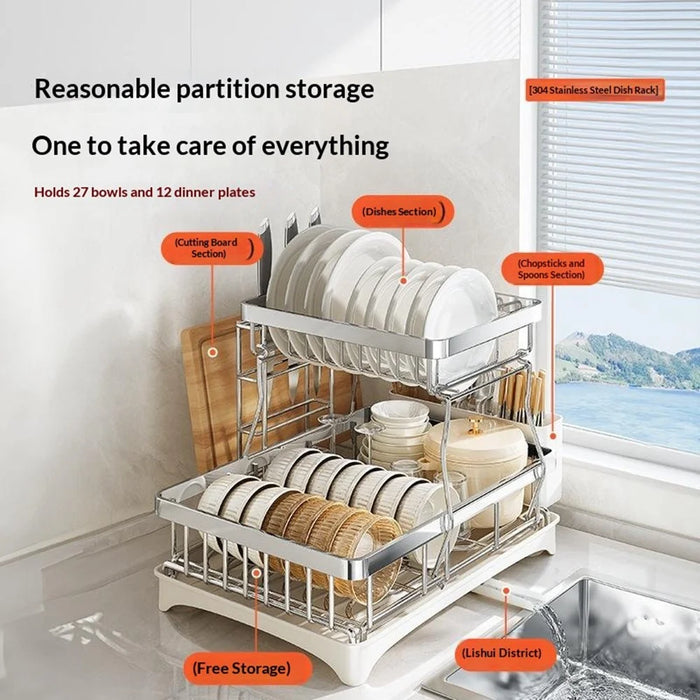 Double Layer Kitchen Dish Rack with Rotating Drainage Tray and Chopstick Holder - 4