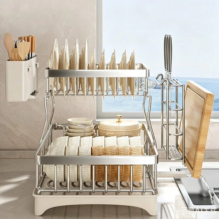 Double Layer Kitchen Dish Rack with Rotating Drainage Tray and Chopstick Holder - 5