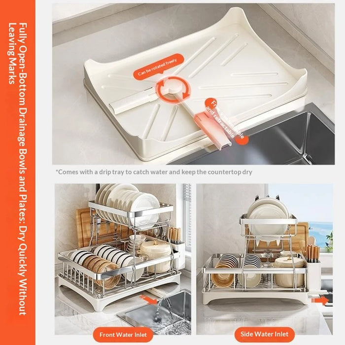 Double Layer Kitchen Dish Rack with Rotating Drainage Tray and Chopstick Holder - 6
