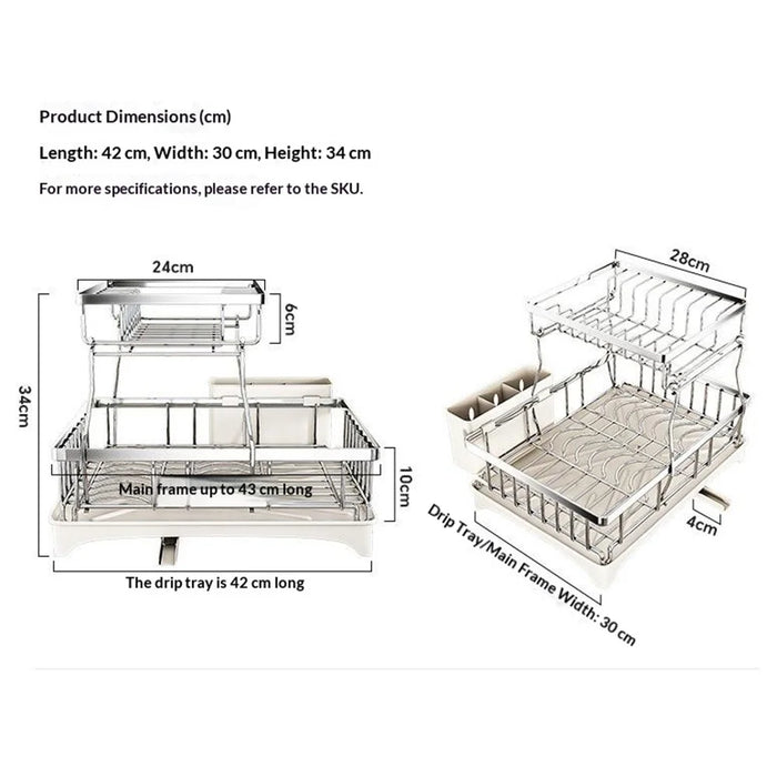 Double Layer Kitchen Dish Rack with Rotating Drainage Tray and Chopstick Holder - 7