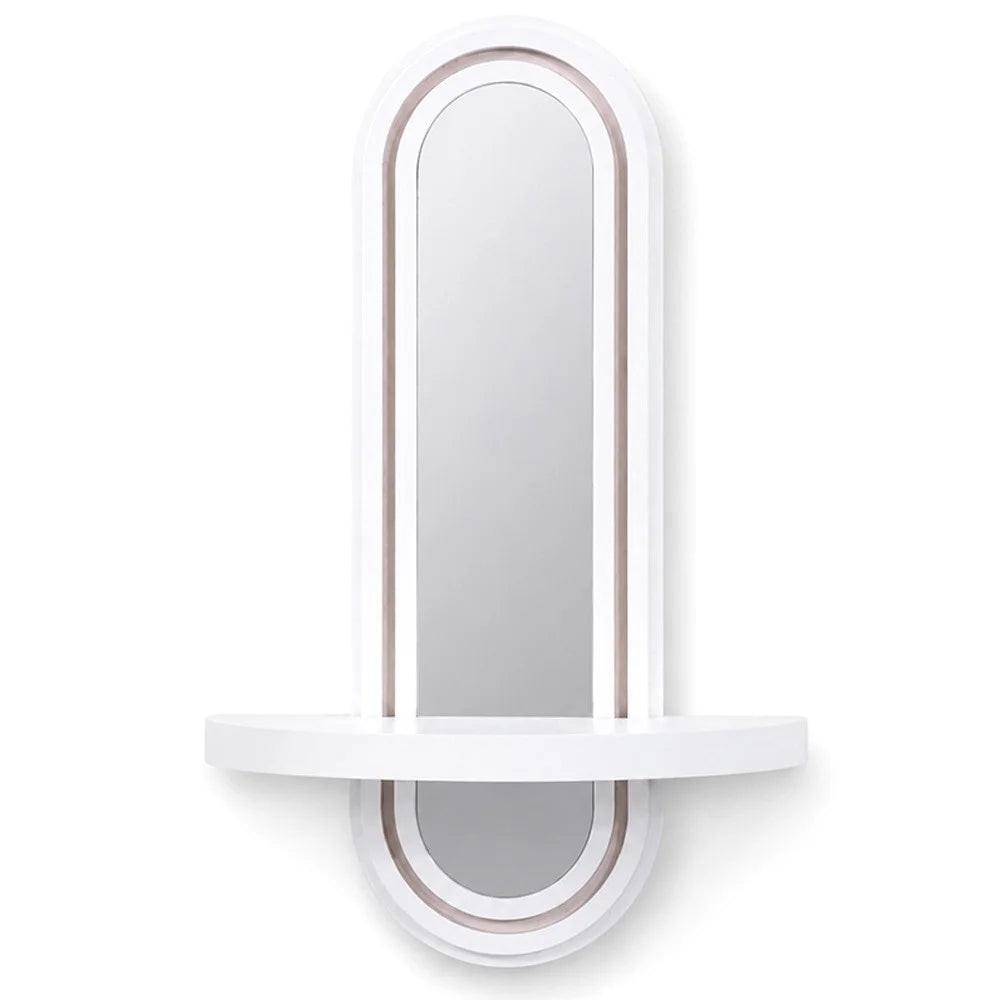 2 in 1 Bohemian Oval Wall Mounted Mirror with Wooden Storage Shelf for Bedroom Bathroom - White - 1