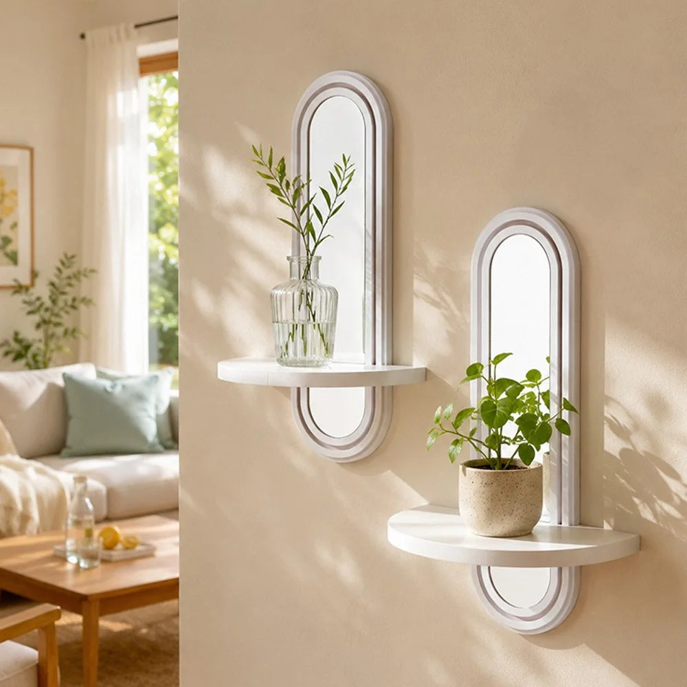 2 in 1 Bohemian Oval Wall Mounted Mirror with Wooden Storage Shelf for Bedroom Bathroom - White - 2