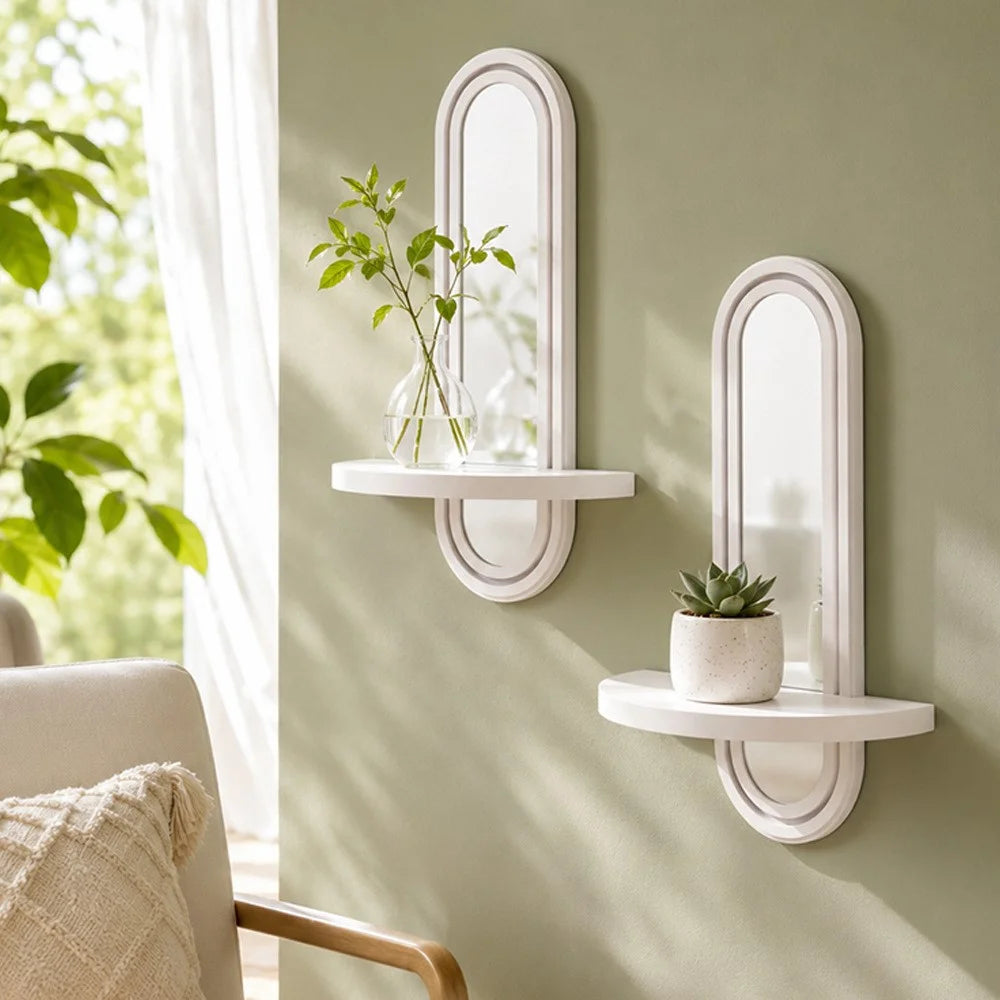2 in 1 Bohemian Oval Wall Mounted Mirror with Wooden Storage Shelf for Bedroom Bathroom - White - 3