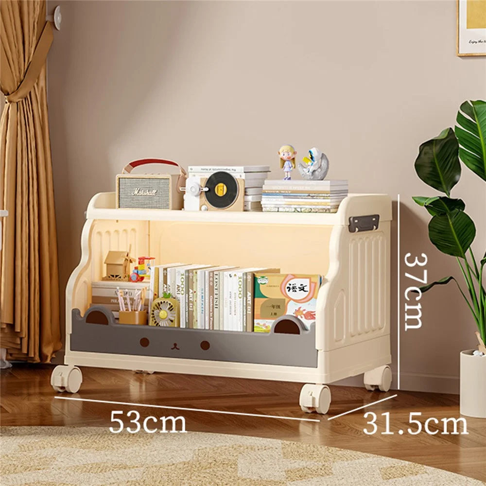 Size L 1 Layer Foldable Bookshelf Storage Rack with 360° Silent Swivel Wheels for Kids Books and Toys , 53 x 31.5 x 37cm - White - 1