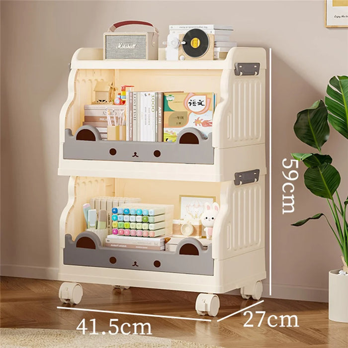 Size S 2 Layers Foldable Bookshelf Storage Rack with 360° Silent Swivel Wheels for Kids Books and Toys , 41.5 x 27 x 59cm - White - 1