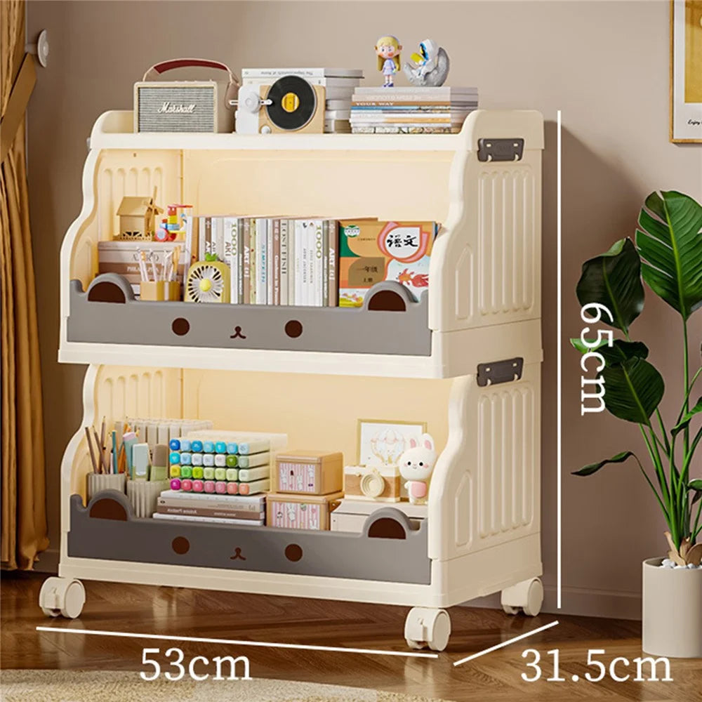 Size L 2 Layers Foldable Bookshelf Storage Rack with 360° Silent Swivel Wheels for Kids Books and Toys , 53 x 31.5 x 65cm - White - 1