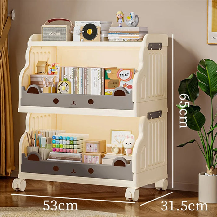Size L 2 Layers Foldable Bookshelf Storage Rack with 360° Silent Swivel Wheels for Kids Books and Toys , 53 x 31.5 x 65cm - White - 1