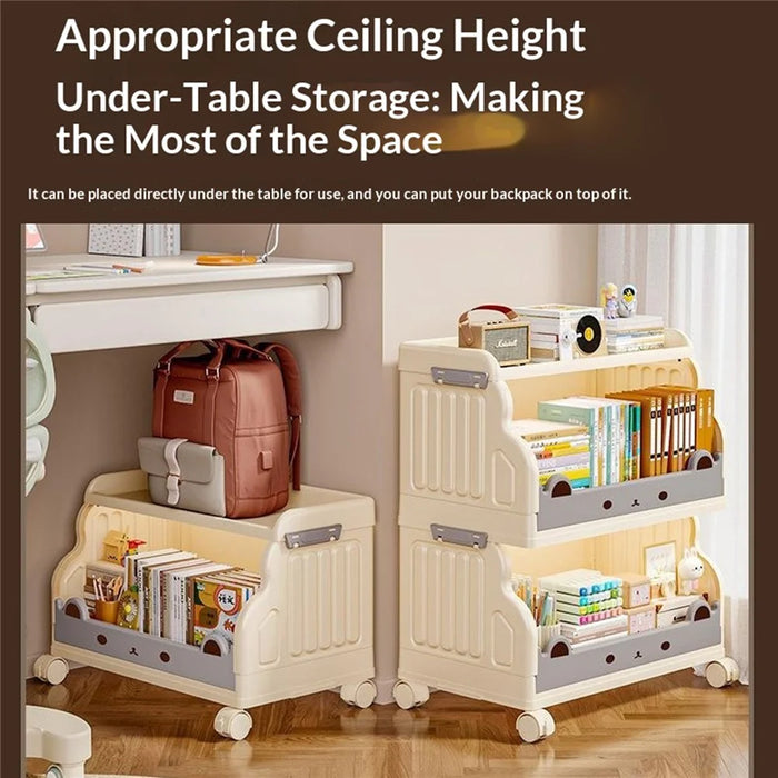 Size L 2 Layers Foldable Bookshelf Storage Rack with 360° Silent Swivel Wheels for Kids Books and Toys , 53 x 31.5 x 65cm - White - 4