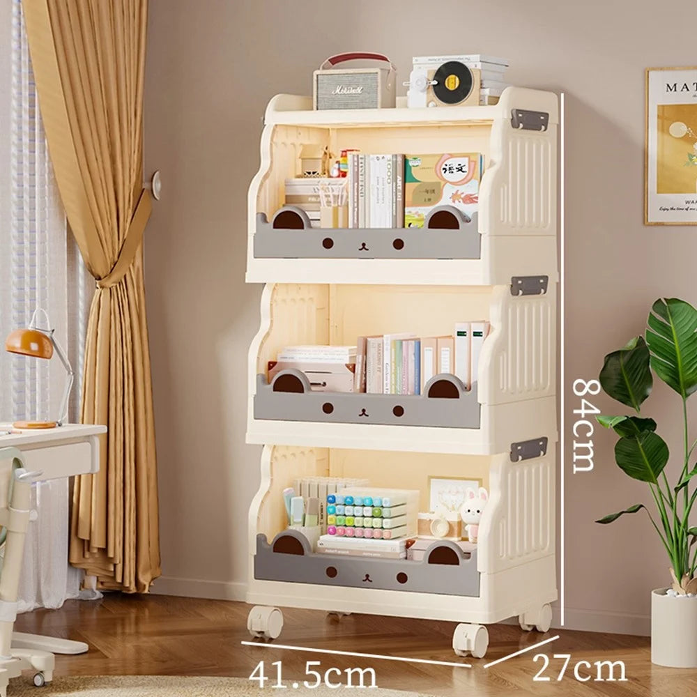 Size S 3 Layers Foldable Bookshelf Storage Rack with 360° Silent Swivel Wheels for Kids Books and Toys , 41.5 x 27 x 84 cm - White - 1