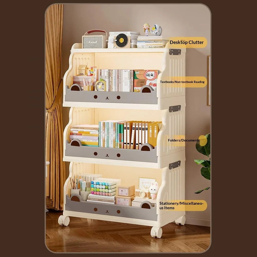 Size S 3 Layers Foldable Bookshelf Storage Rack with 360° Silent Swivel Wheels for Kids Books and Toys , 41.5 x 27 x 84 cm - White - 5